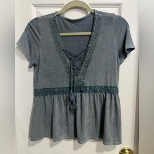 American Eagle AE boho sage crochet trim lace up v neck tee